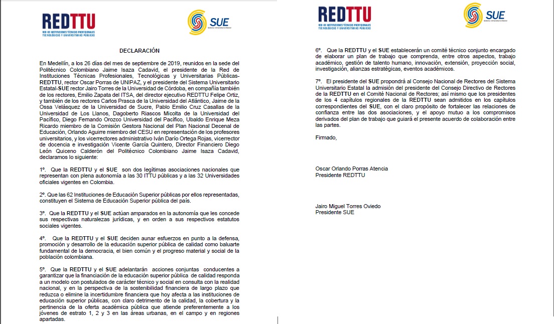 Declaración de la REDTTU y SUE en Medellín.